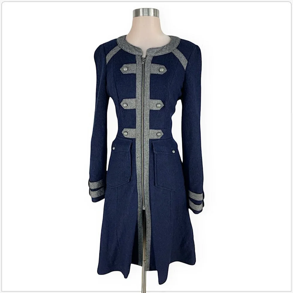 Free People Maxi Military Wool Coat Navy Gray Tweed Button Trim Winter Boho 2 - Picture 2 of 7